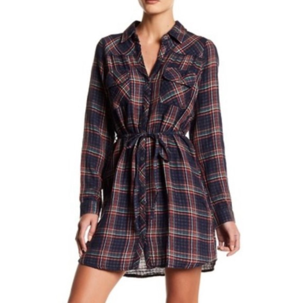 Belted Long Sleeve Double Stitch Gauze Plaid Dress